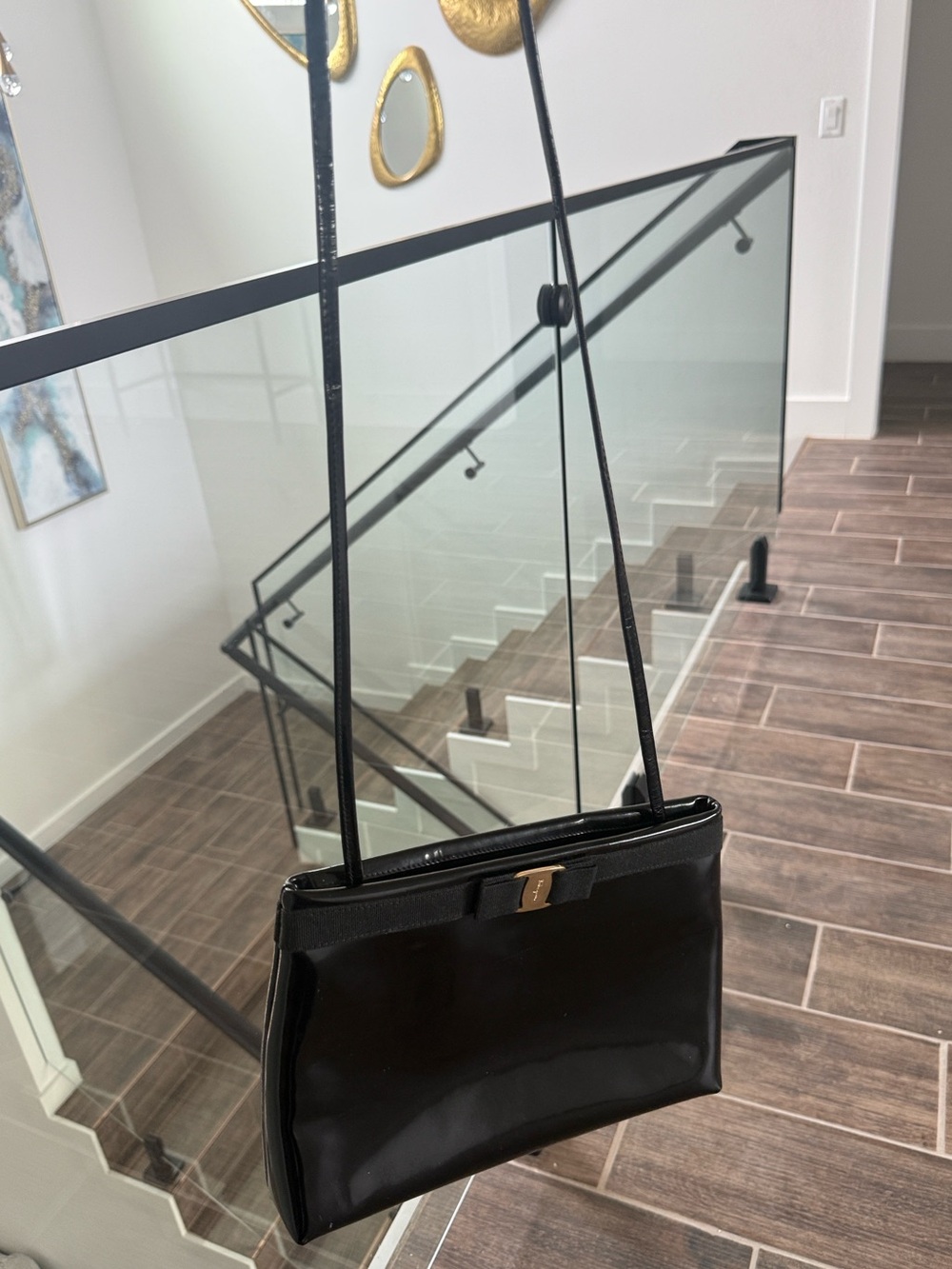 Salvatore Ferragamo Black Patent Shoulder Bag with Gold Accent